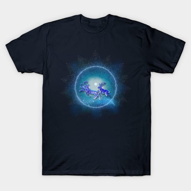 Christmas Collection Magic Reindeer flying in the Icy Glacial Winter Sky T-Shirt by Cristilena Lefter